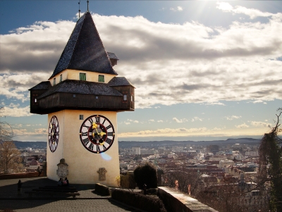 Wycieczka do Styrii. Widok na Wieżę Zegarową w Grazu